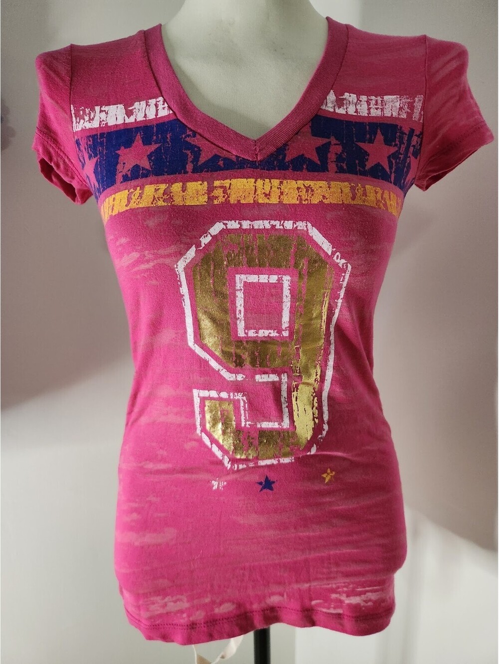 Y2K Grane Graphic Burnout Sheer Pink Women T-Shirt Sz M Preppy Academia V Neck